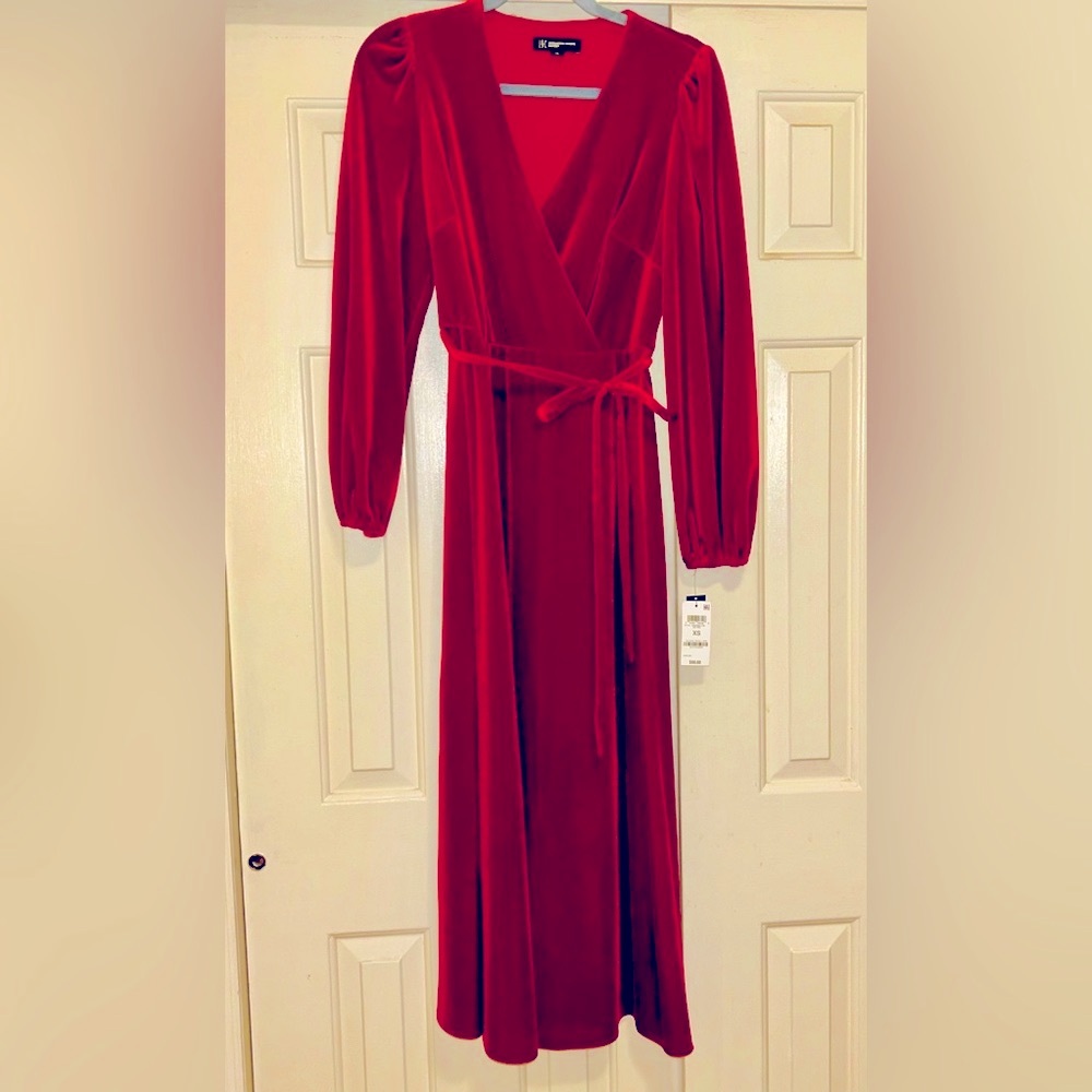 Inc International Concepts Dress Red Velvet Wrap Dress with Belt - X-Small NWT